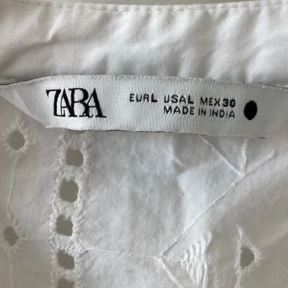 ZARA White Eyelet Embroidered Button Up Long Sleeve Blouse with Pom Poms Size Lg